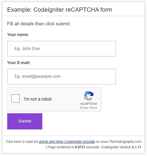 Codeigniter reCAPTCHA form application preview